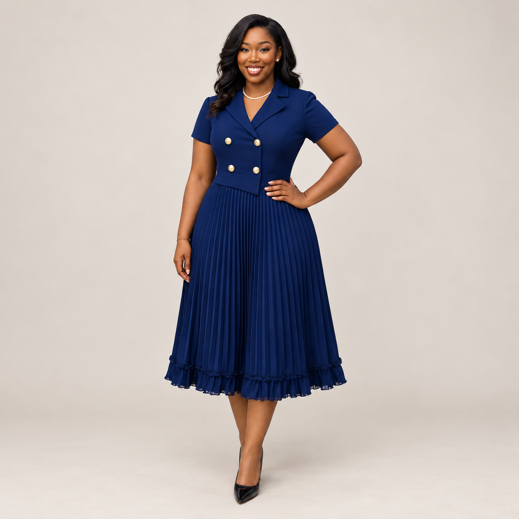 Black Nigerian model wearing a navy pleated midi gown with a double-breasted bodice and ruffle hem