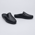 Men's black pebble grain backless mule slippers with driving sole, front and side view