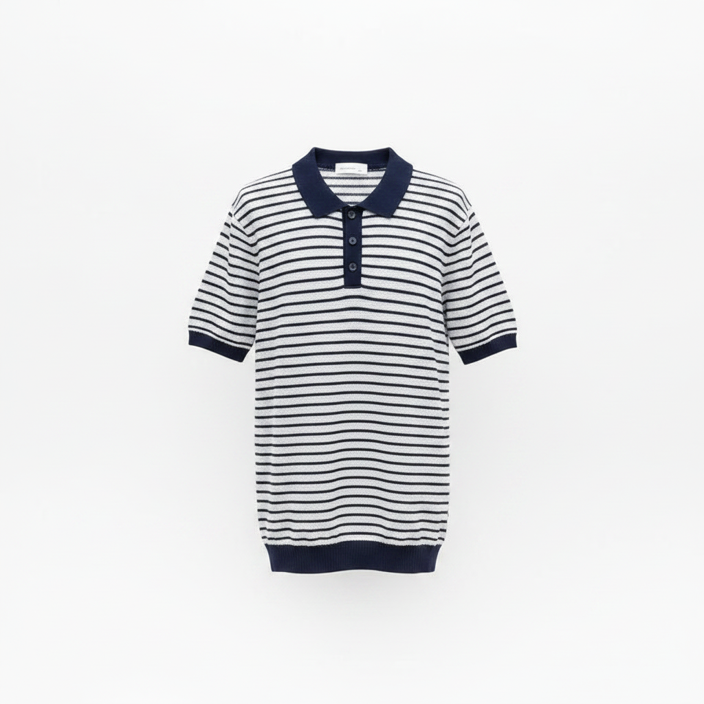 Navy striped knit polo front view