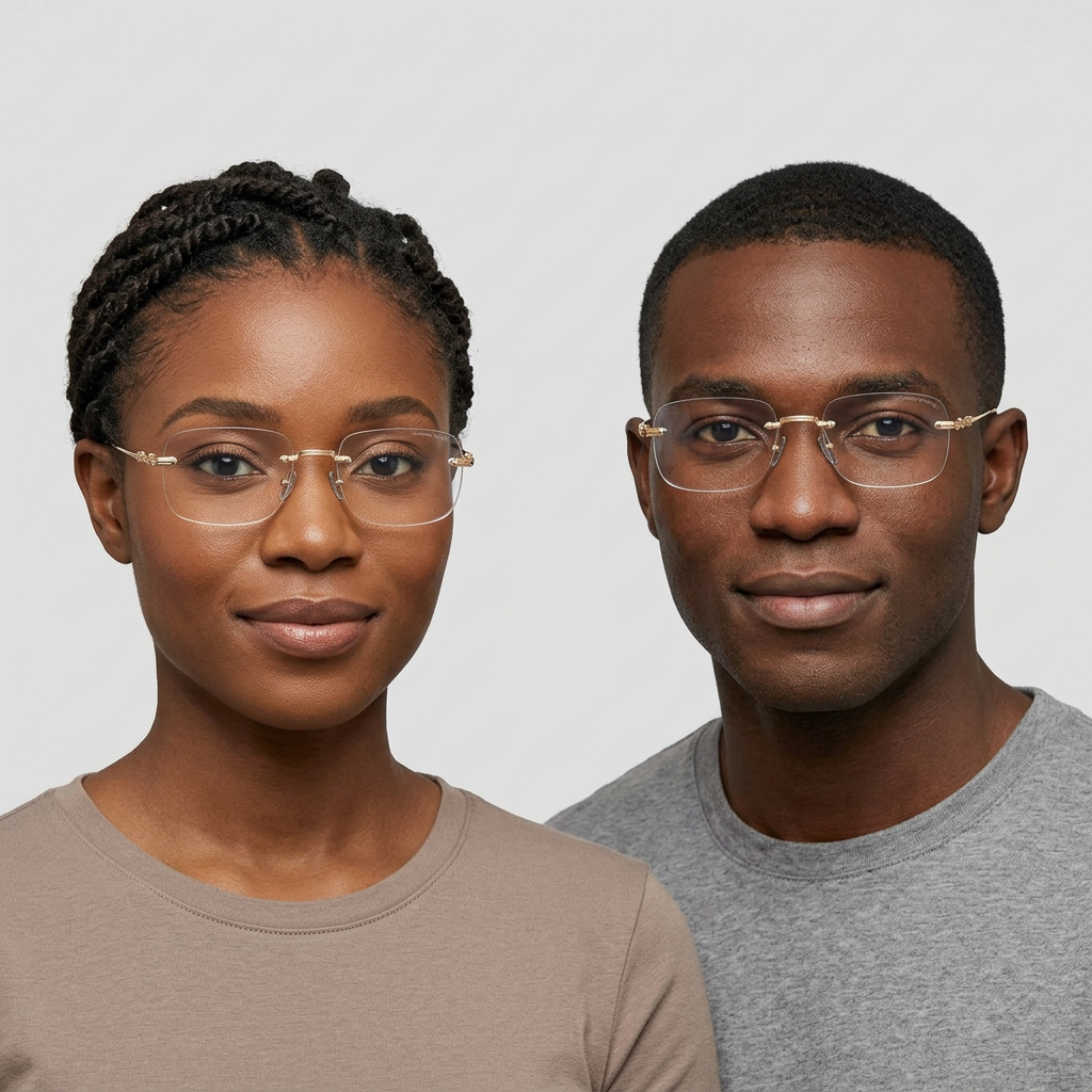 Gold-tone rimless eyeglasses shown on two Black adult models