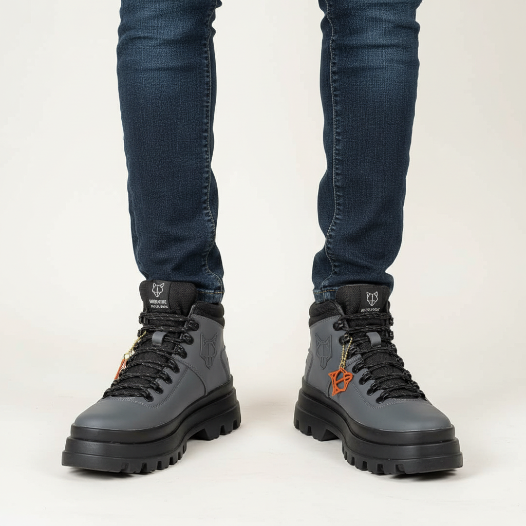 Charcoal grey leather ankle boots with black lug sole worn with indigo jeans