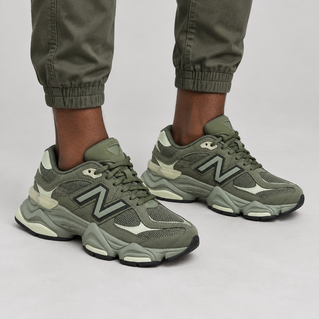 Olive-gray mesh running sneakers worn by a model, shown from the legs down