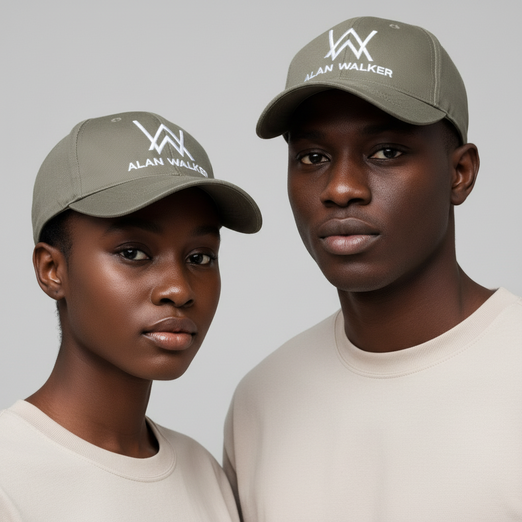 Nigerian female and male models wearing taupe olive grey baseball cap with white geometric logo embroidery