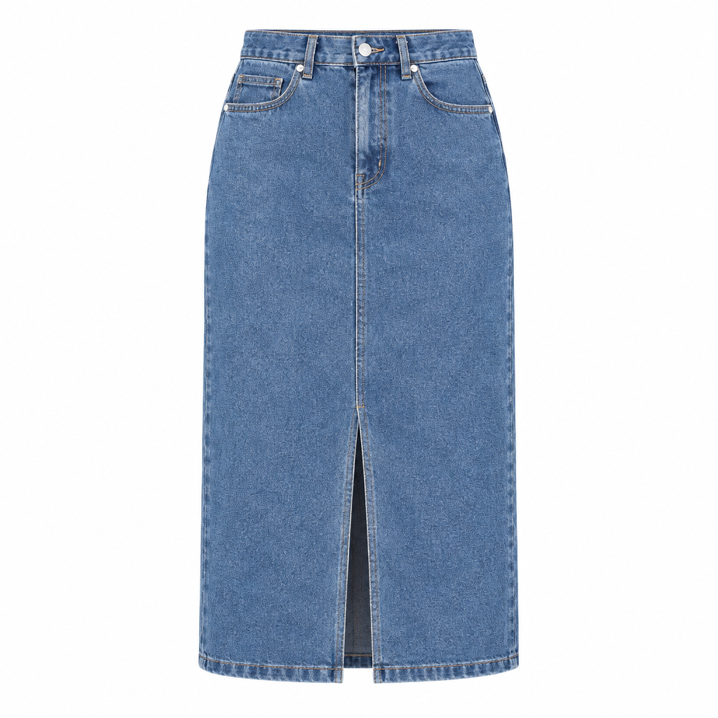 Blue Denim High-Waist Midi Skirt with Front Slit – Ghost Mannequin