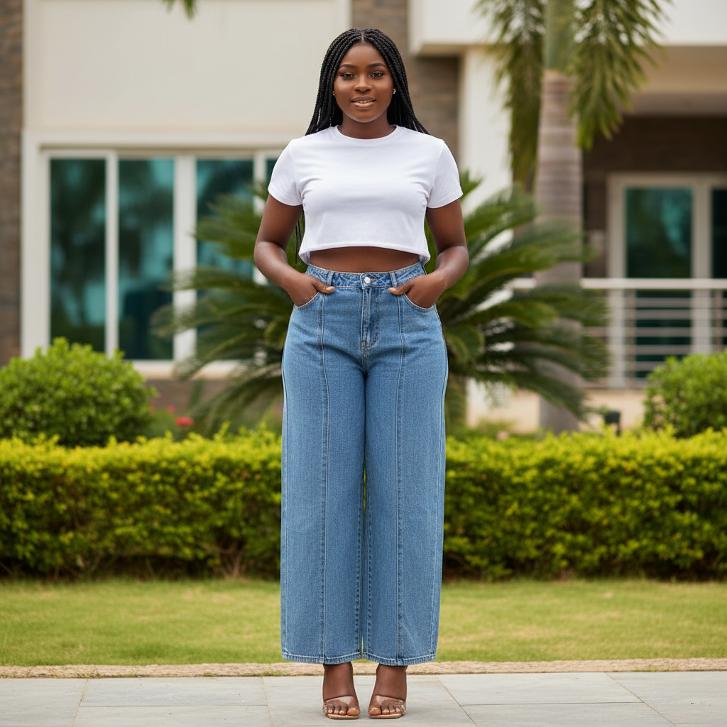 Women's Mid-Blue Panel Seam Wide-Leg Jeans – Front Model View