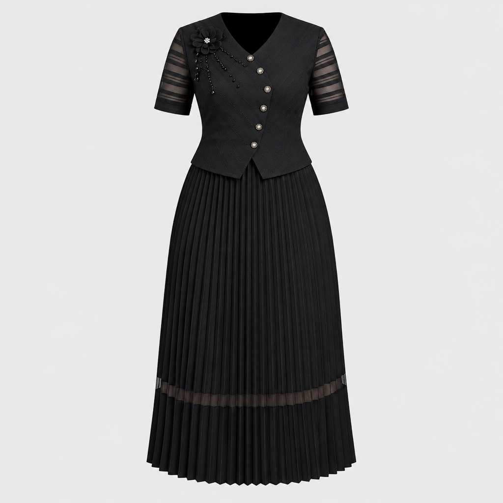 Black V-neck pleated dress on invisible mannequin