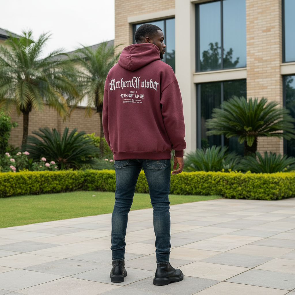 Burgundy gothic hoodie back view on Nigerian male model