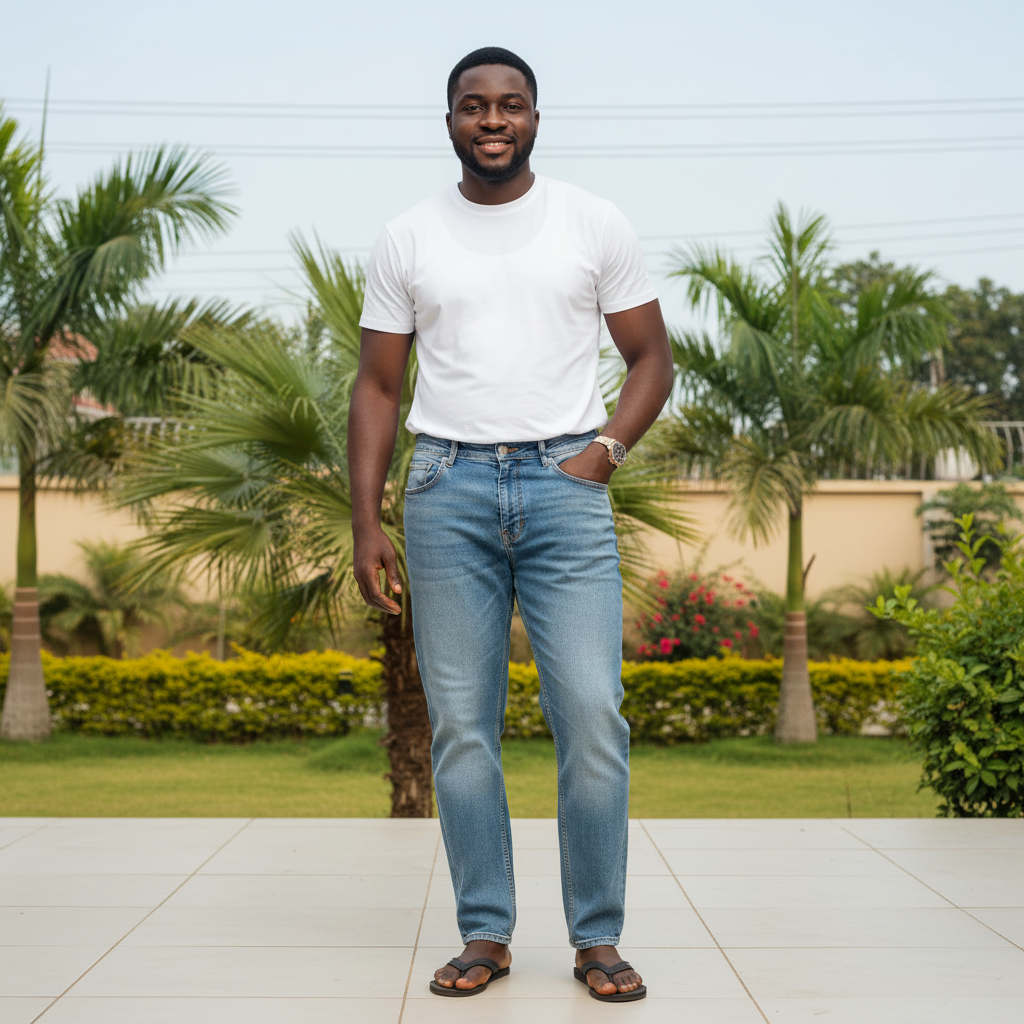 Adult Nigerian male model wearing light blue wash relaxed fit denim jeans in garden setting