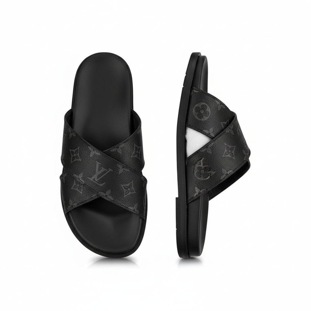 Men's black monogram cross-strap slide sandals ghost mannequin front and side view