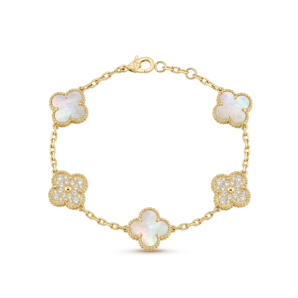 Gold-tone white clover and stone charm bracelet on white