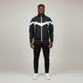 Model wearing the black colourblock track jacket