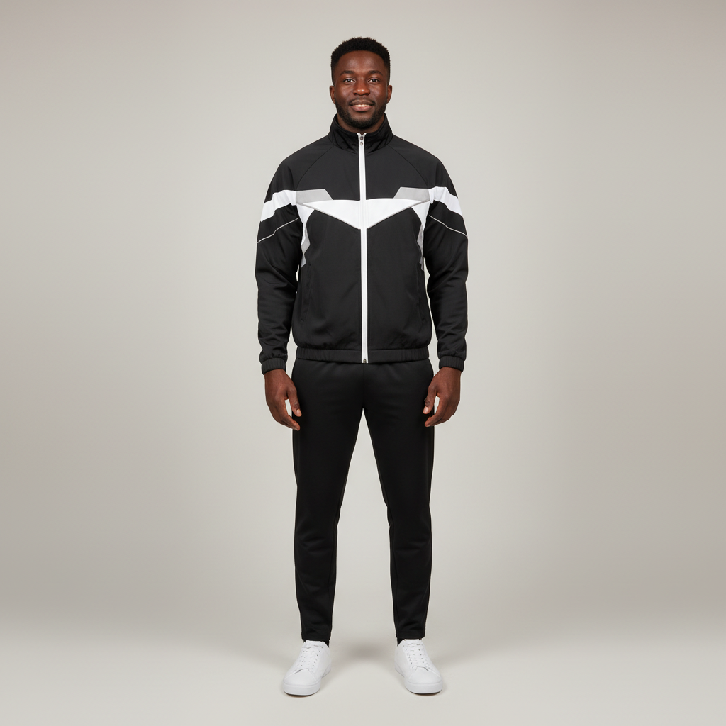 Model wearing the black colourblock track jacket