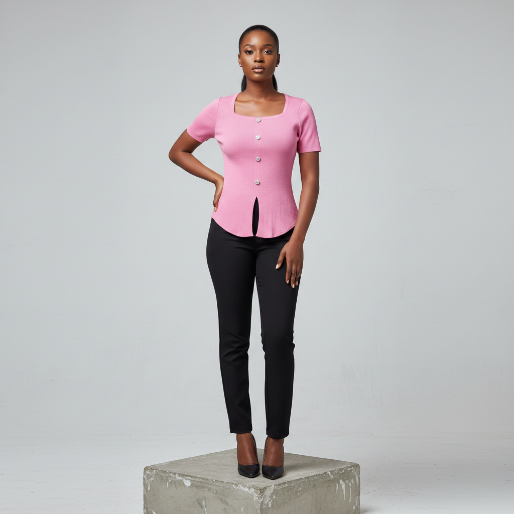 Pink Square Neck Button-Front Ribbed Blouse - Model Shot