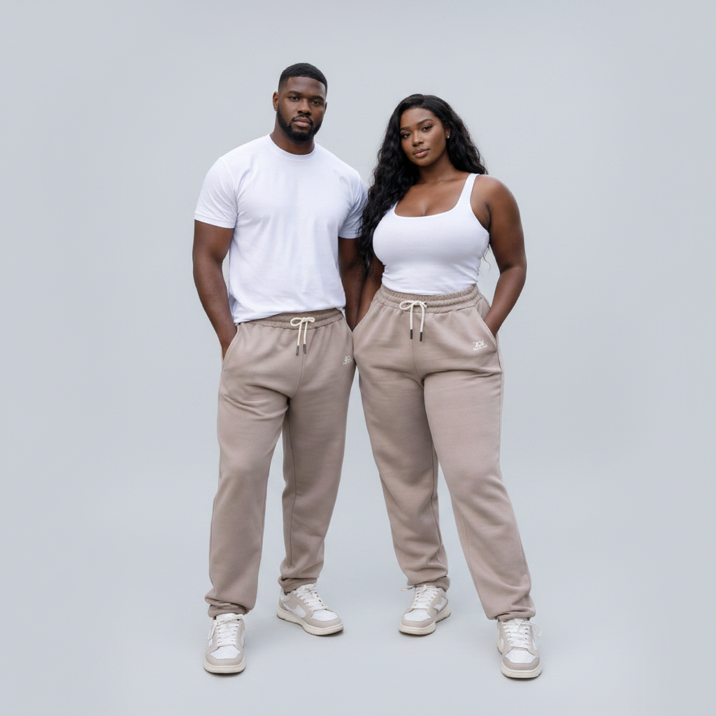 African Nigerian couple wearing unisex sand beige baggy wide-leg sweatpants