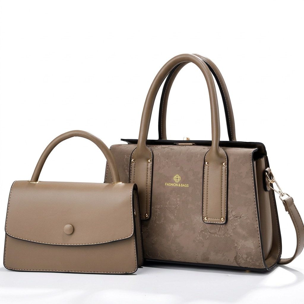 Taupe textured tote and matching mini top-handle bag on white