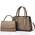Taupe textured tote and matching mini top-handle bag on white