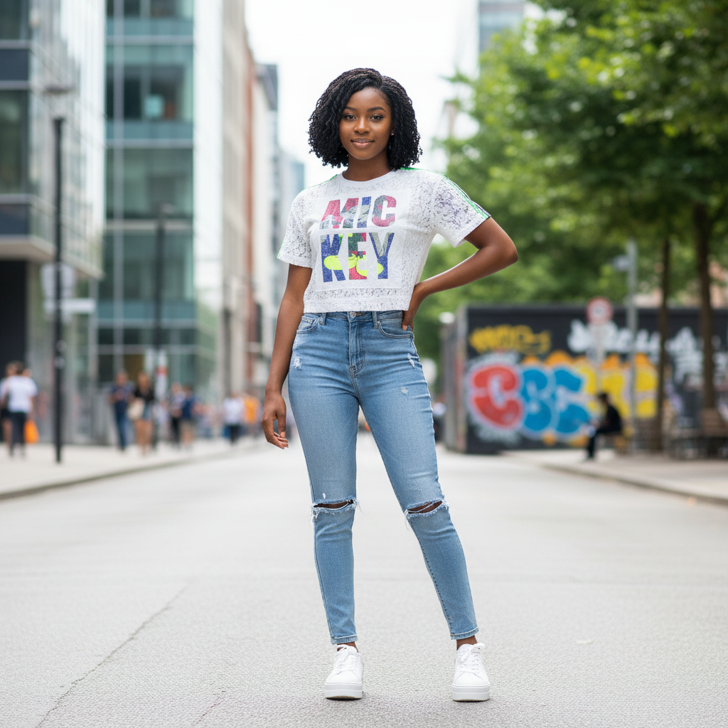 Young Nigerian female model wearing Mickey rhinestone crop tee