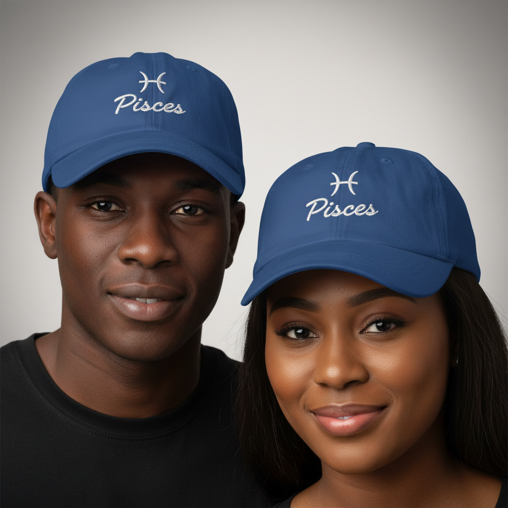 Nigerian male and female models wearing royal blue Pisces zodiac embroidered dad cap