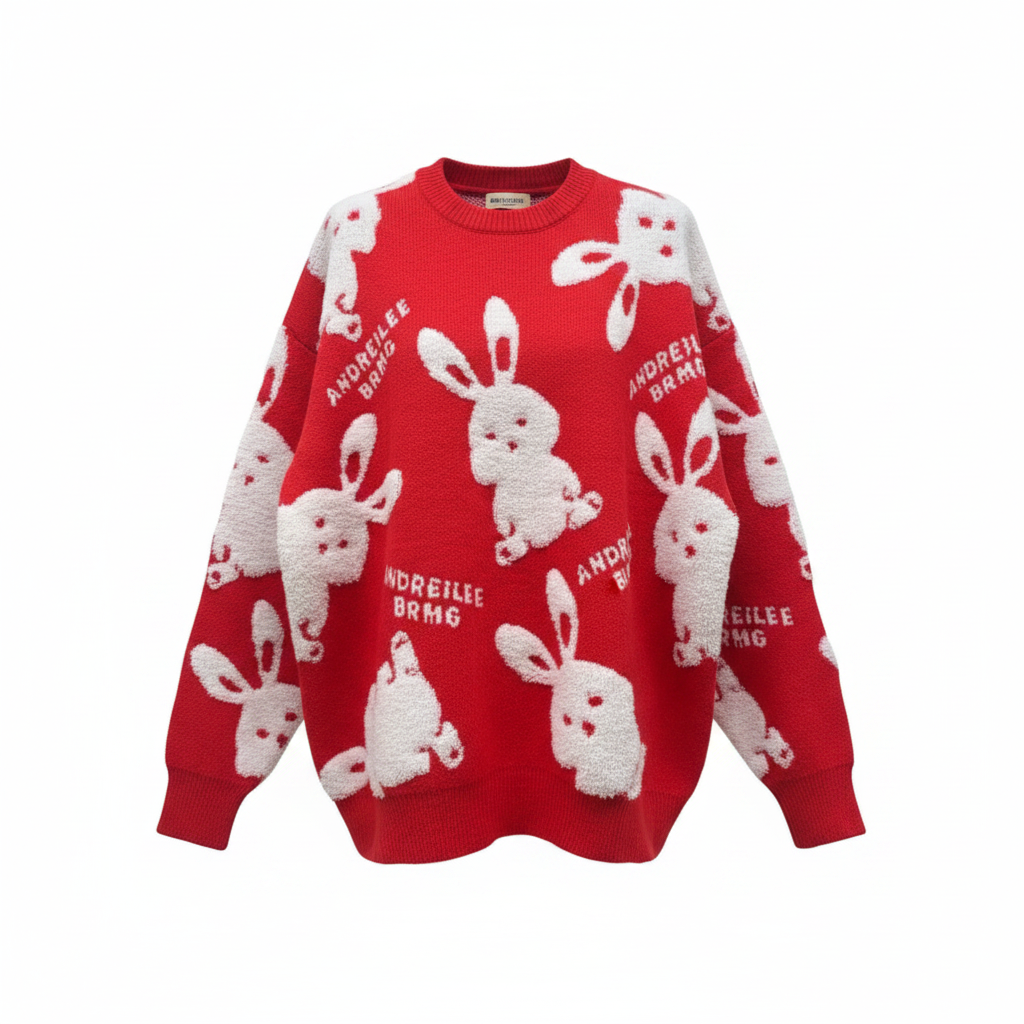 Crimson red fuzzy bunny graphic crewneck knit sweater ghost mannequin — all-over white bunny pattern