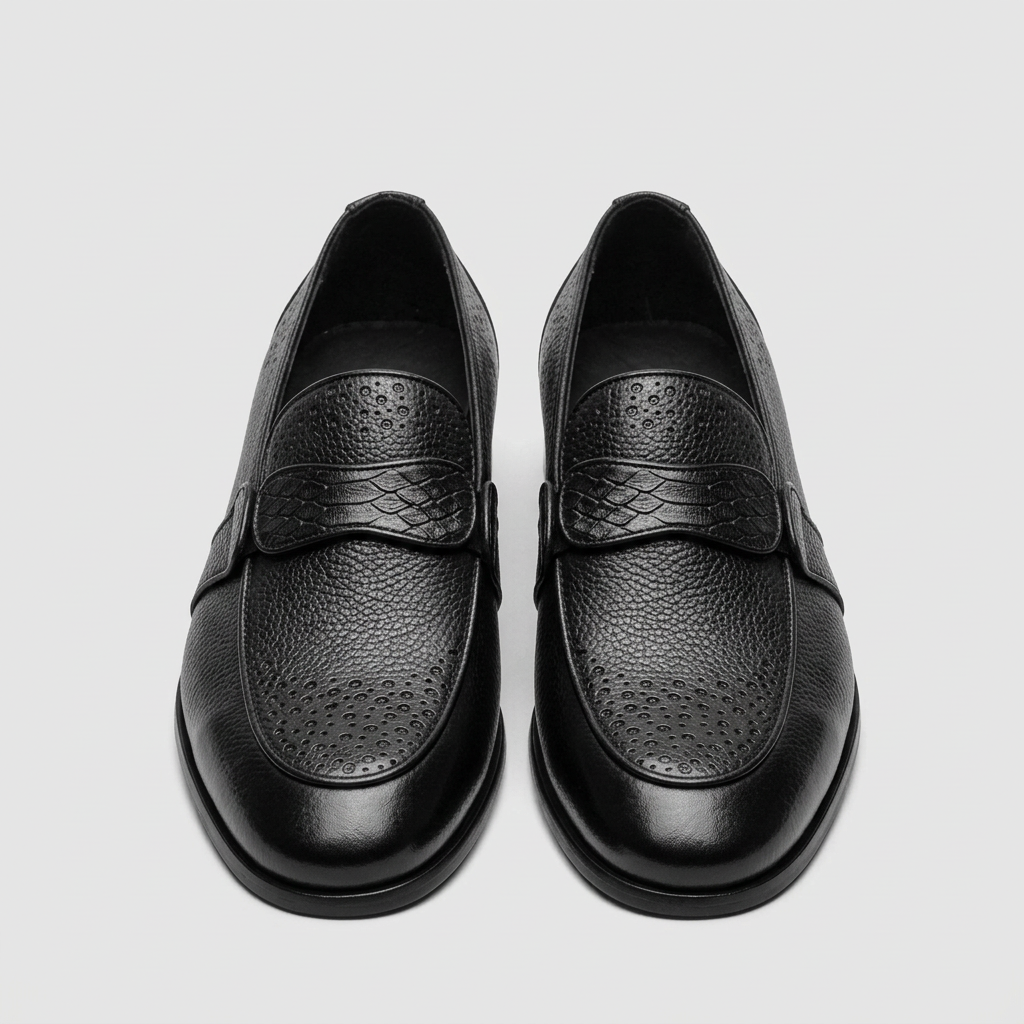 Men's black leather loafers with perforated detailing and woven-texture strap, front view