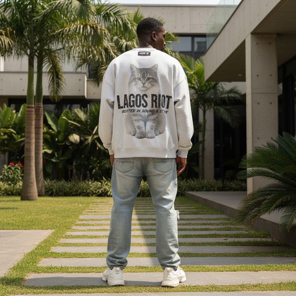 Nigerian male model wearing light grey faded cat graphic crew neck sweatshirt – back view