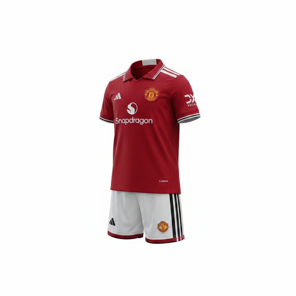 Manchester United FC kids football kit ghost mannequin — red Adidas jersey and white stripe shorts