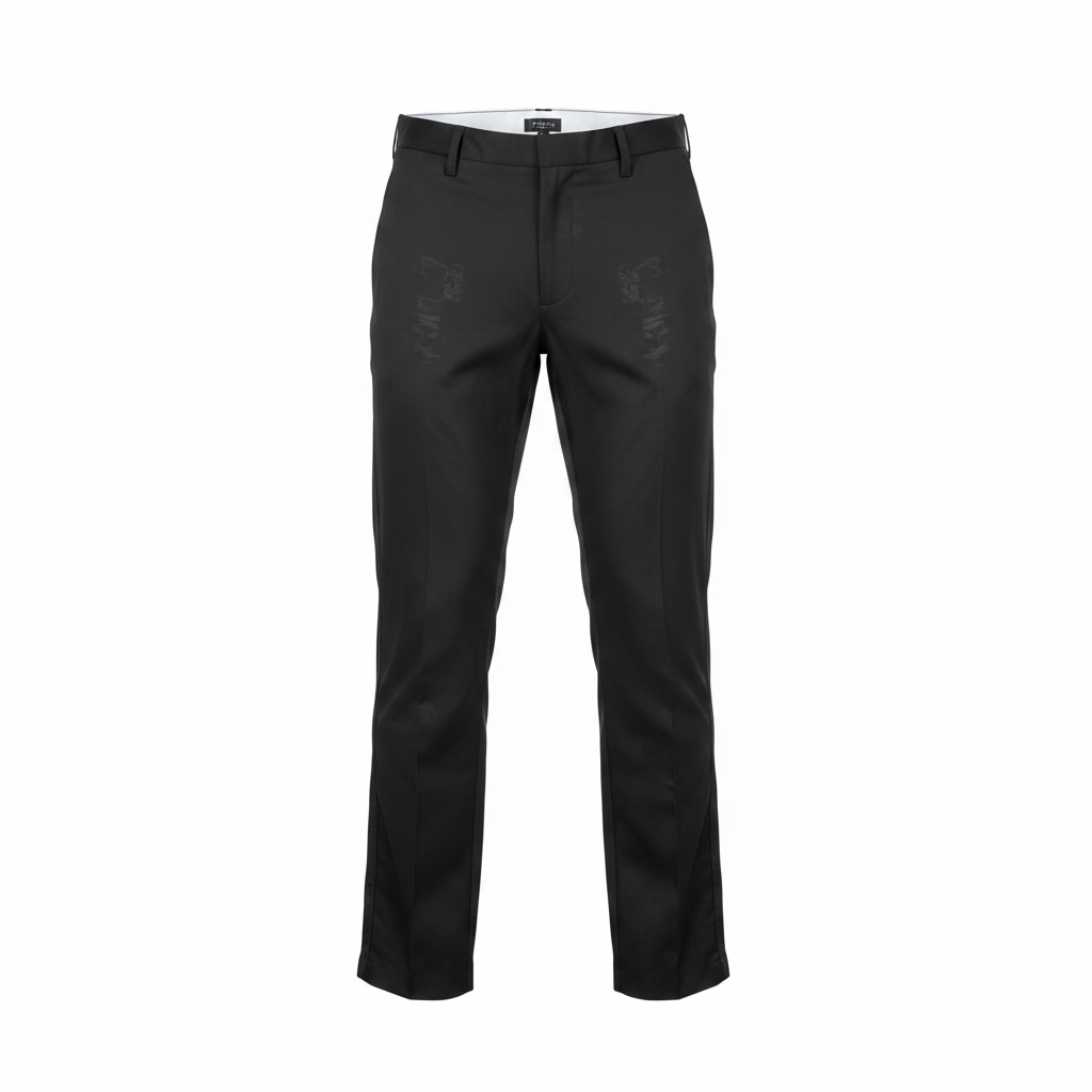 Black tape stripe trousers on ghost mannequin, white background