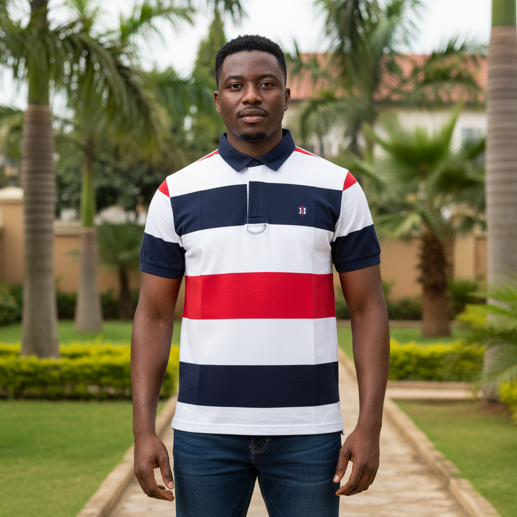 Nigerian male model wearing men's rugby stripe polo shirt in white, navy and red, garden setting