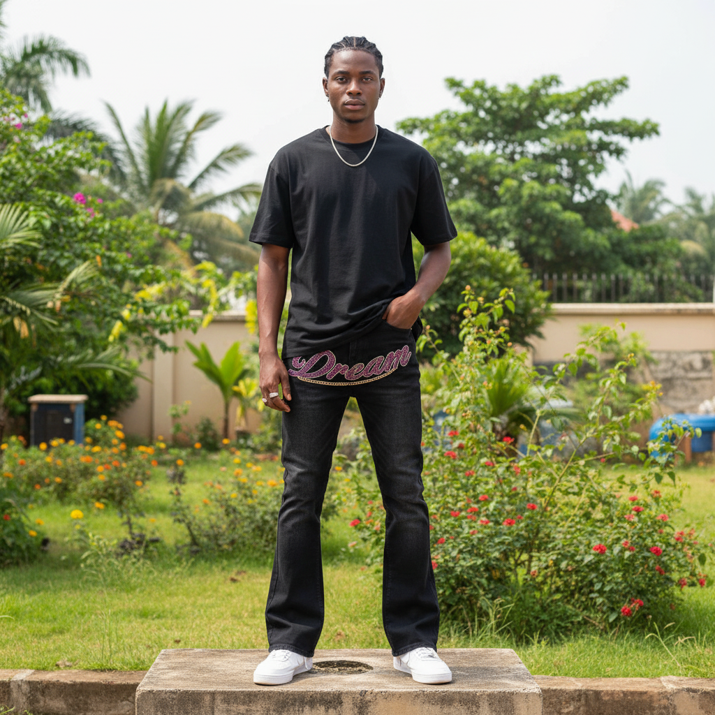 Nigerian male model full body wearing men's black pink rhinestone script flared denim jeans