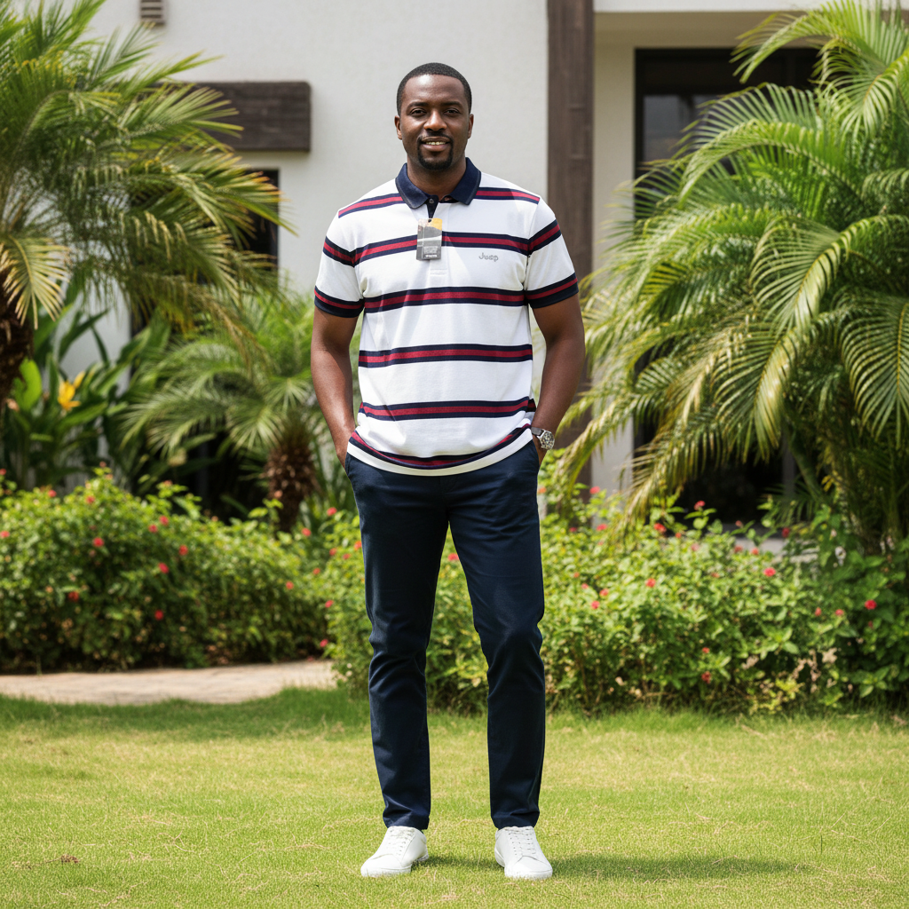 Nigerian male model wearing men's white navy and burgundy all-over stripe polo shirt, garden setting