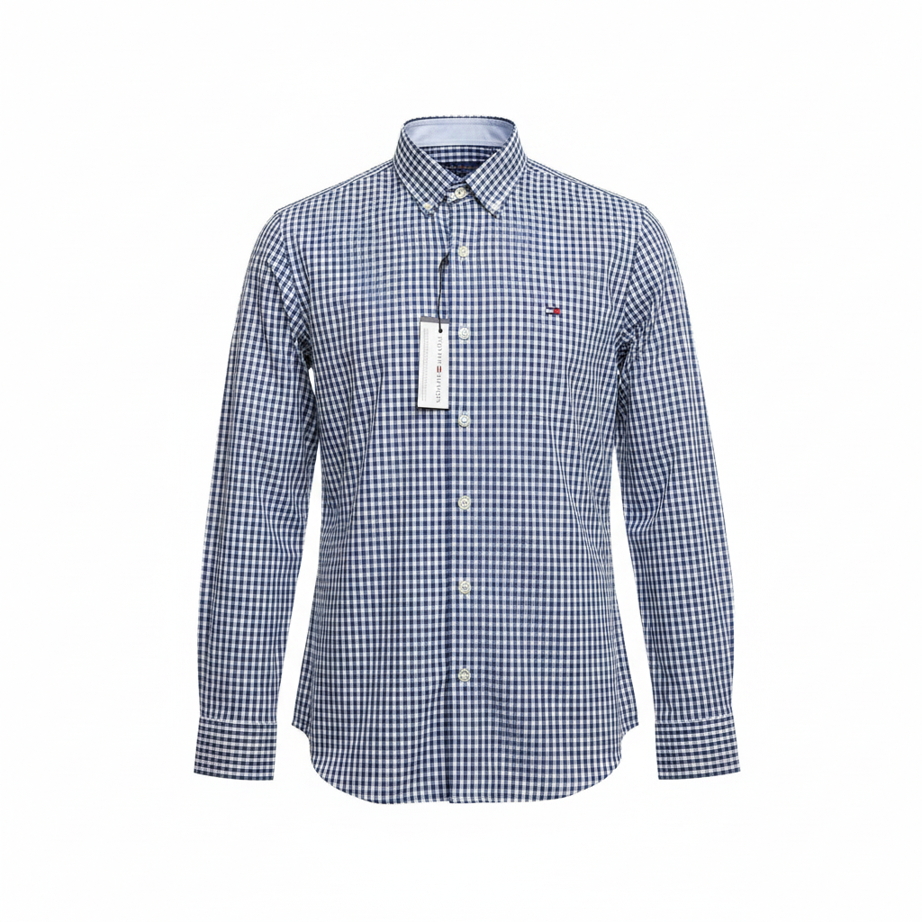 Navy White Gingham Long-Sleeved Shirt - Ghost Mannequin