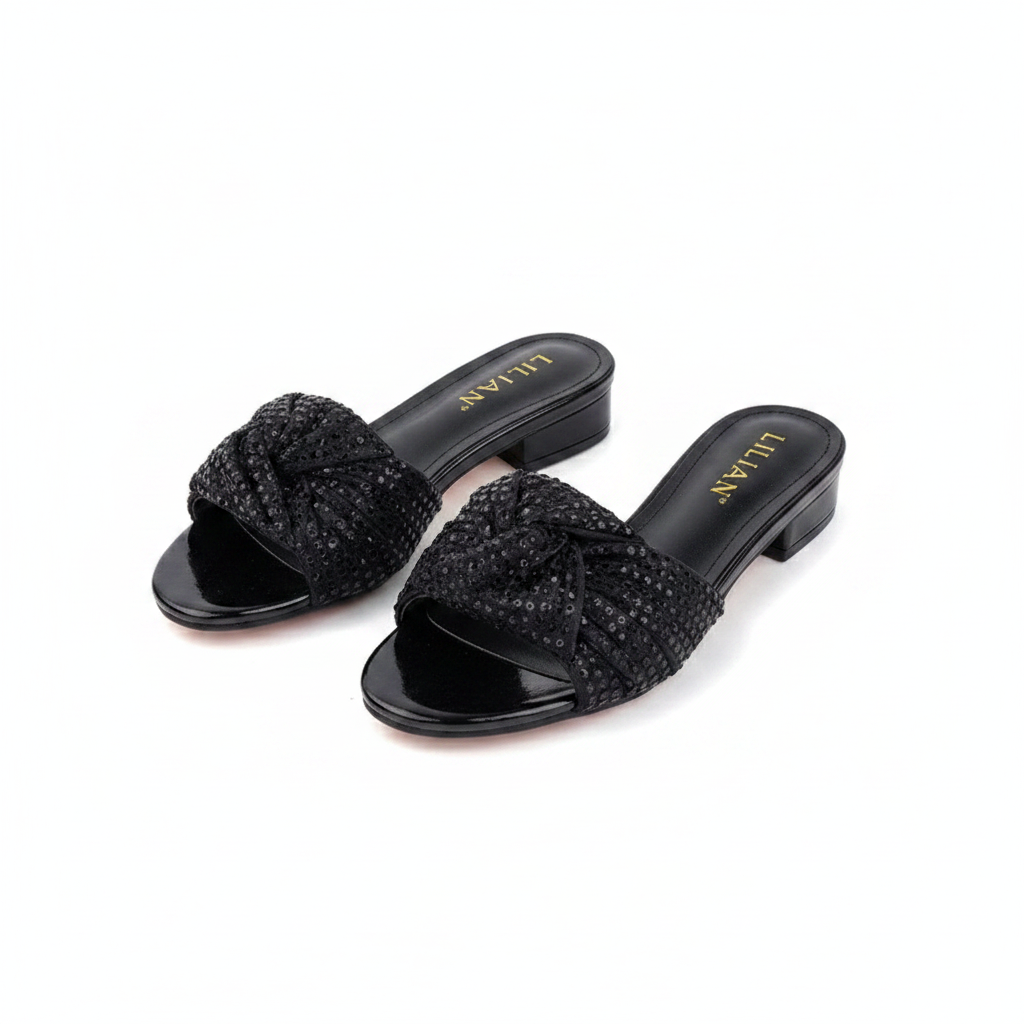 Ghost mannequin pair view of black rhinestone bow block heel slide mules