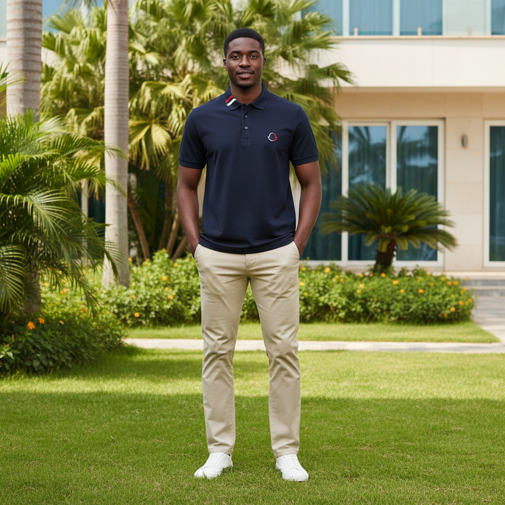 Nigerian male model wearing men's navy polo shirt with tricolour striped collar, garden setting