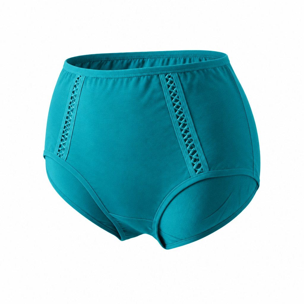 Teal high-waist briefs with criss-cross trim