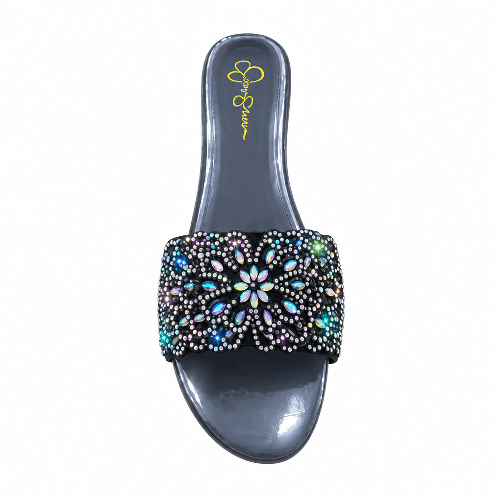 Black flat slide sandal with iridescent floral stones and grey footbed