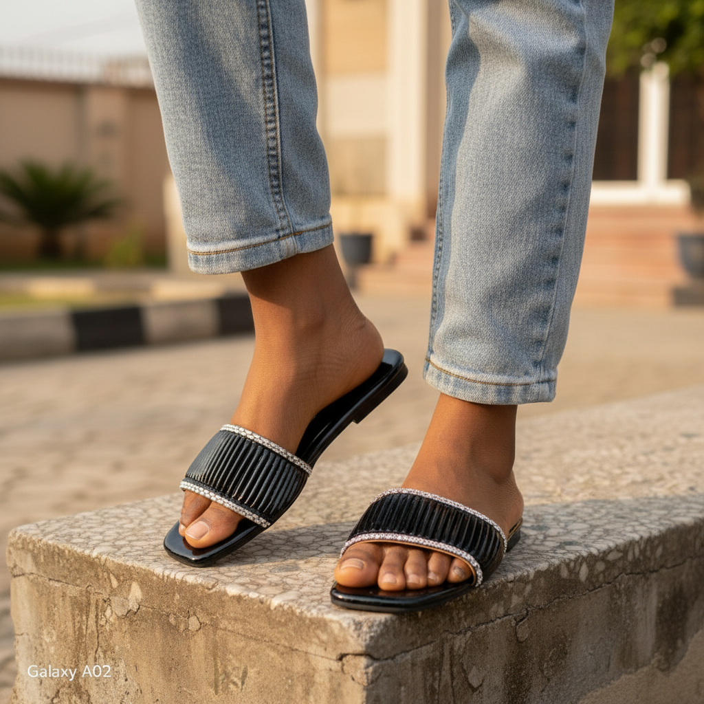 Nigerian female model leg focus wearing black rhinestone flat slide sandals