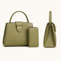 Olive green structured handbag with matching zip pouch, front and side views
