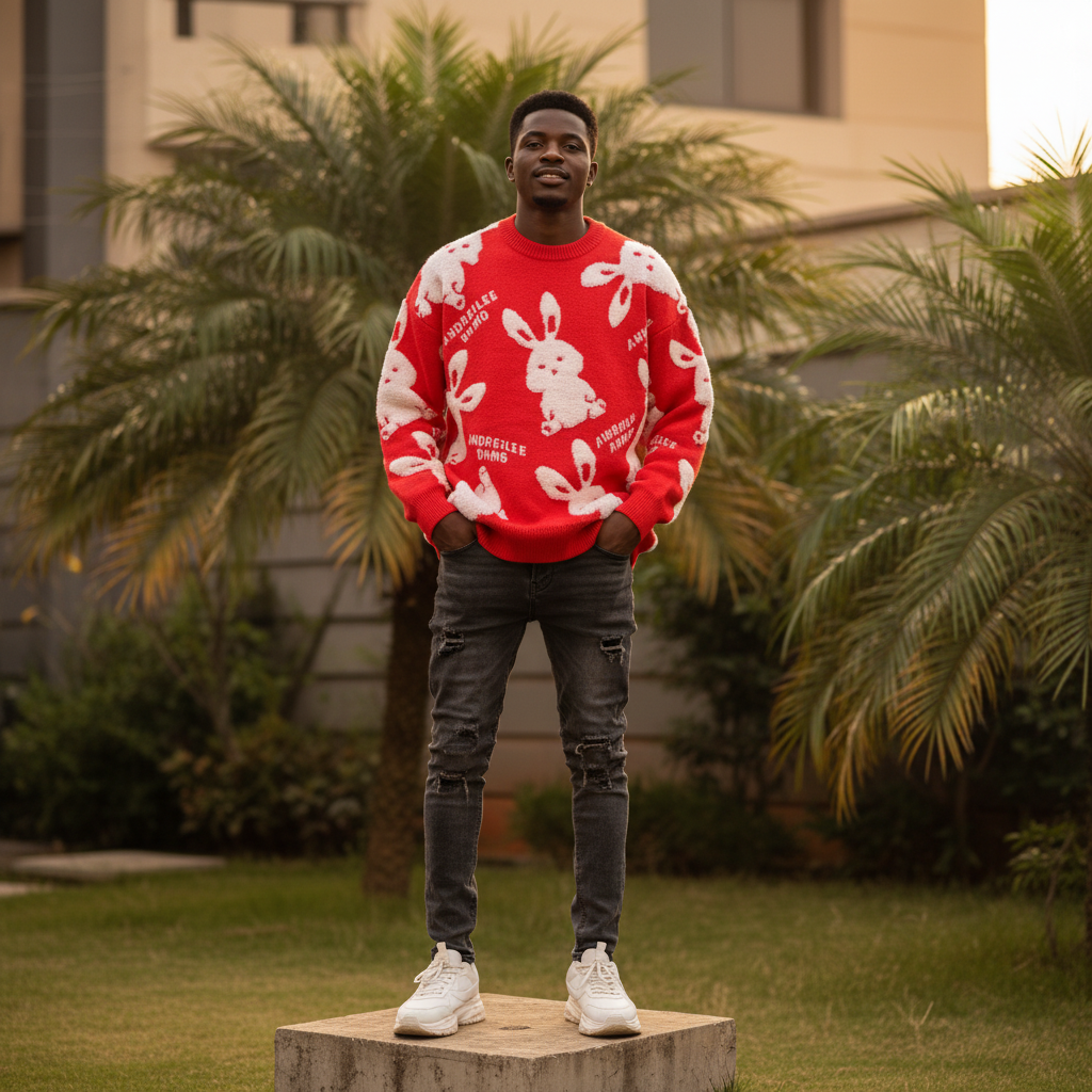 Nigerian male model wearing crimson red bunny graphic crewneck knit sweater — full body street style