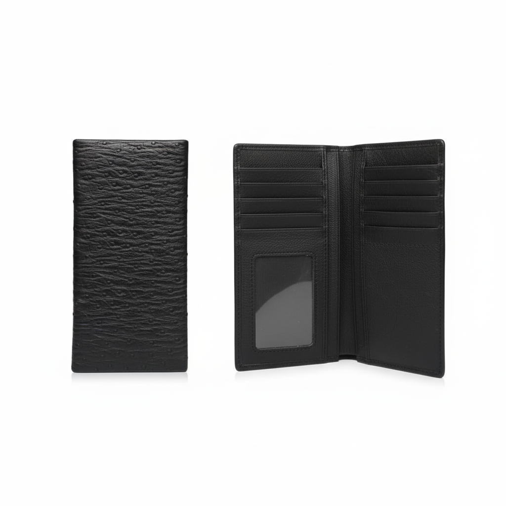 Men's leather wallet catalog shot, closed and open layered inner view