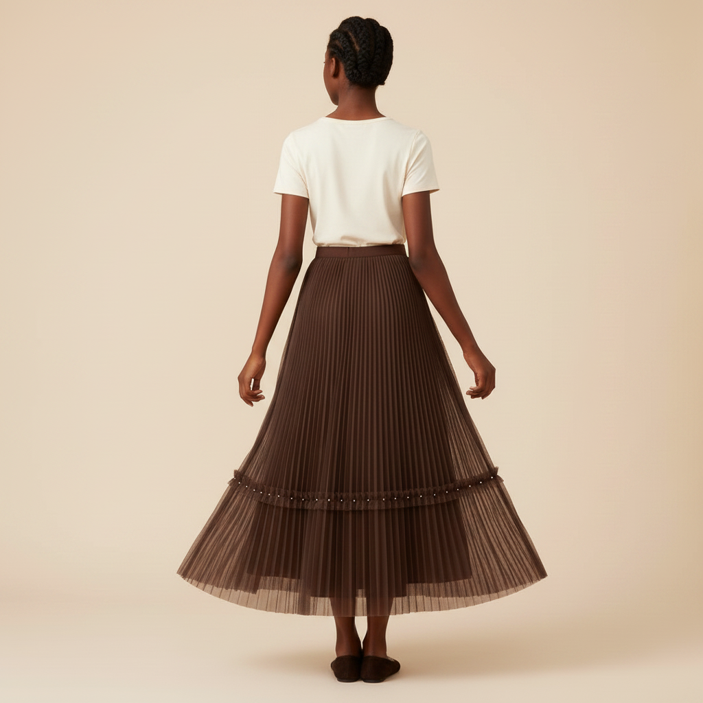 Nigerian girl wearing chocolate brown pleated midi skirt - back view