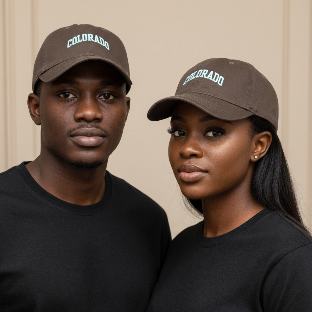 Nigerian male and female models wearing dark brown COLORADO embroidered dad cap