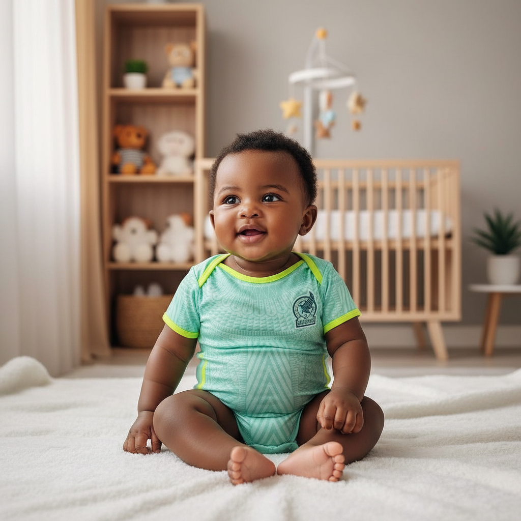 Nigerian baby wearing mint green & neon geometric football romper bodysuit lifestyle shot