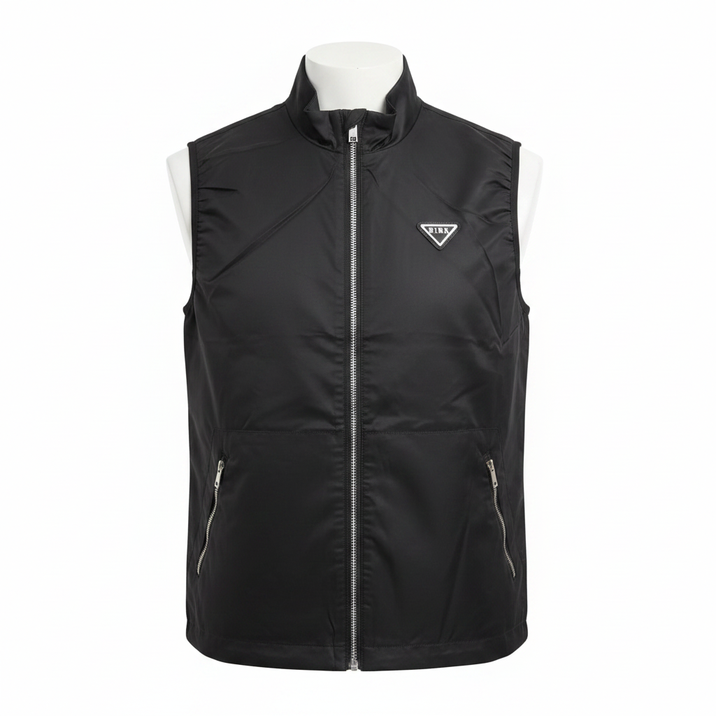 Men's black sleeveless zip-up gilet vest on ghost mannequin