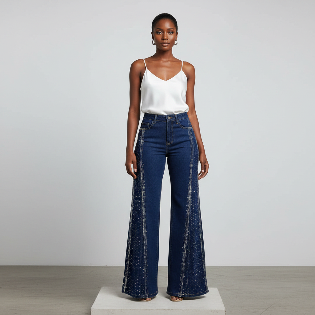Navy Rhinestone Side-Panel Wide-Leg Denim Jeans - Model Front