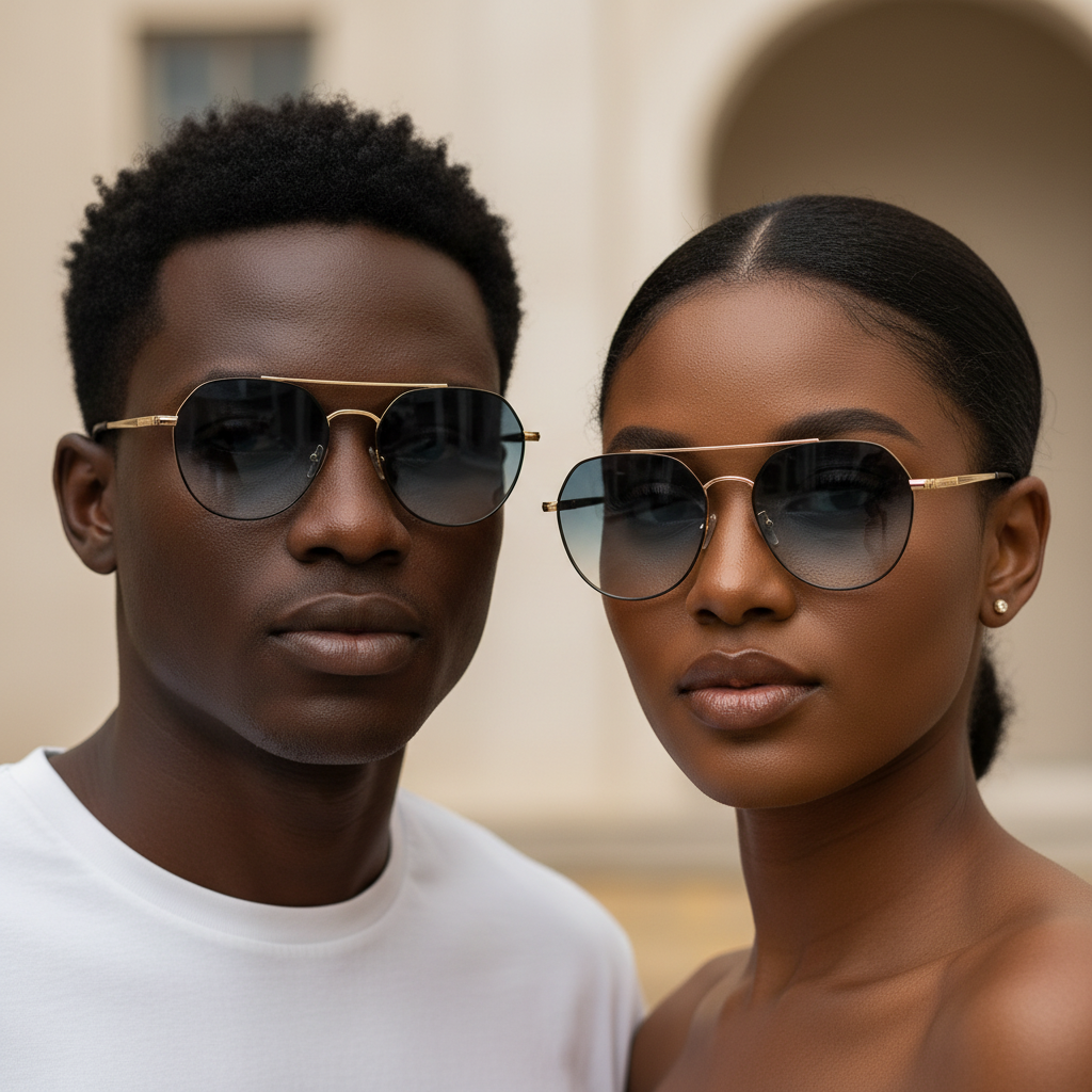 Nigerian male and female models wearing round aviator sunglasses gradient blue clear lens gold frame silver temple
