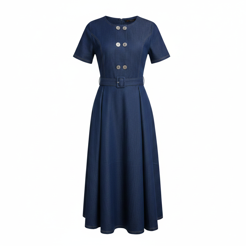Navy Blue Belted Denim Midi Dress – Front Ghost Mannequin