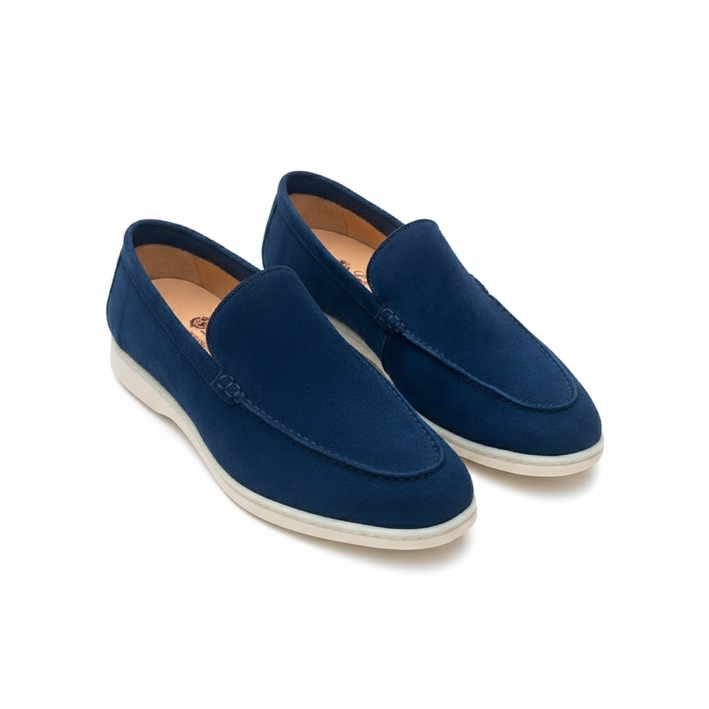 Men's navy blue suede slip-on loafer pair, ghost mannequin view, white background
