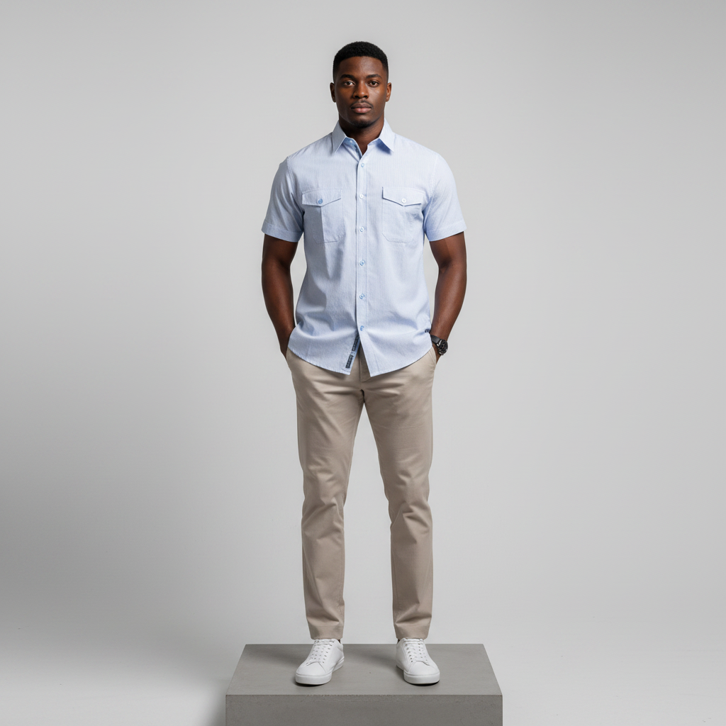 Nigerian male model wearing light blue pinstripe short-sleeved shirt