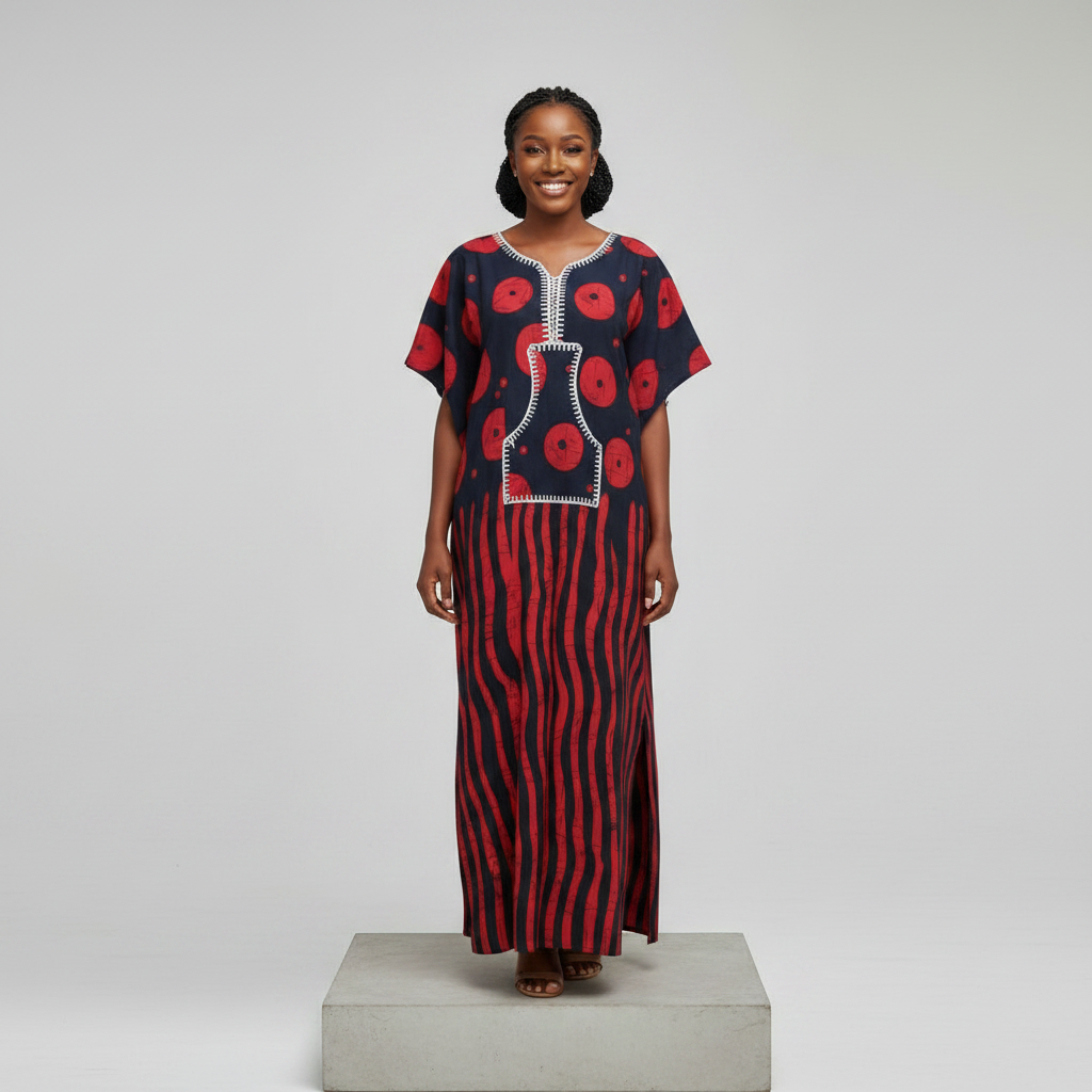 Nigerian female model wearing Navy Red Adire Print Long Bubu Gown