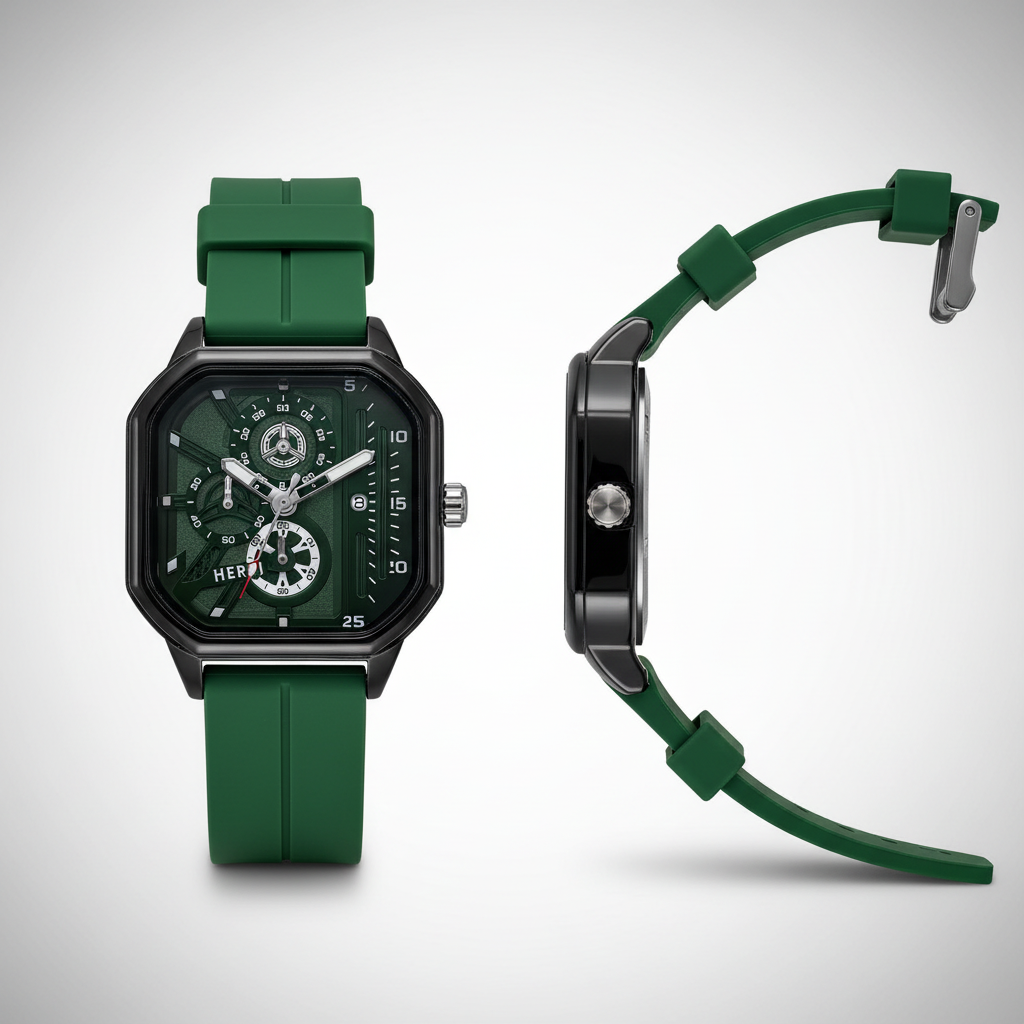 Green multi-dial wristwatch shown from the front and side